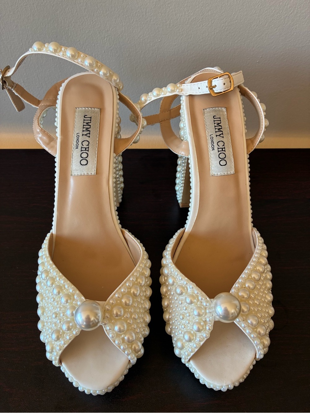 Pearl embellished high heel block platform sandals 9